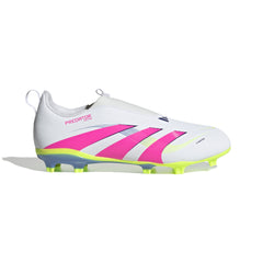 Botas de fútbol adidas Predator League sin cordones para terreno firme y múltiple para niños, color blanco y rosa