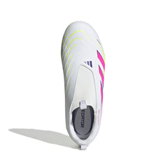 Botas de fútbol adidas Predator League sin cordones para terreno firme y múltiple para niños, color blanco y rosa