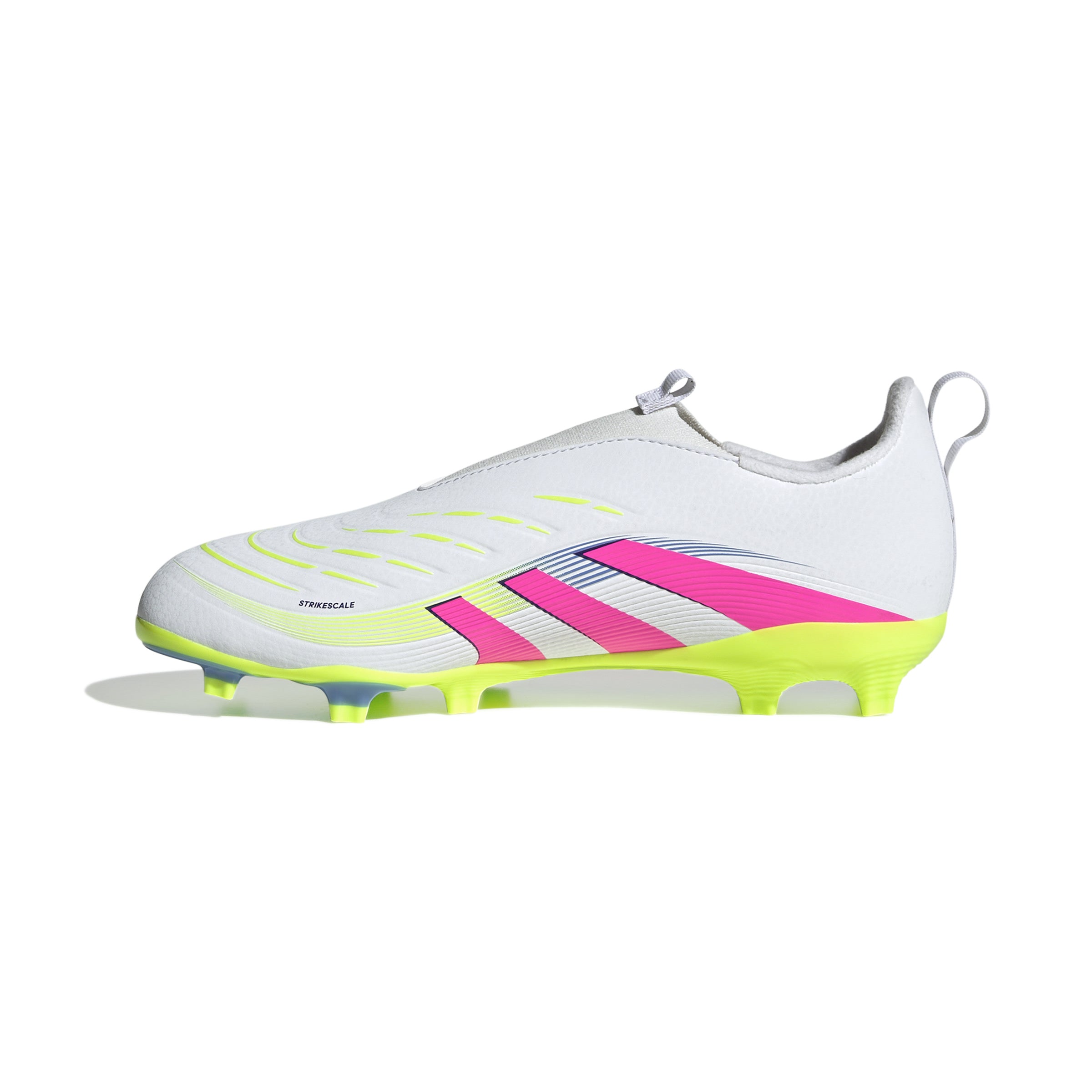 Botas de fútbol adidas Predator League sin cordones para terreno firme y múltiple para niños, color blanco y rosa