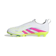 Botas de fútbol adidas Predator League sin cordones para terreno firme y múltiple para niños, color blanco y rosa