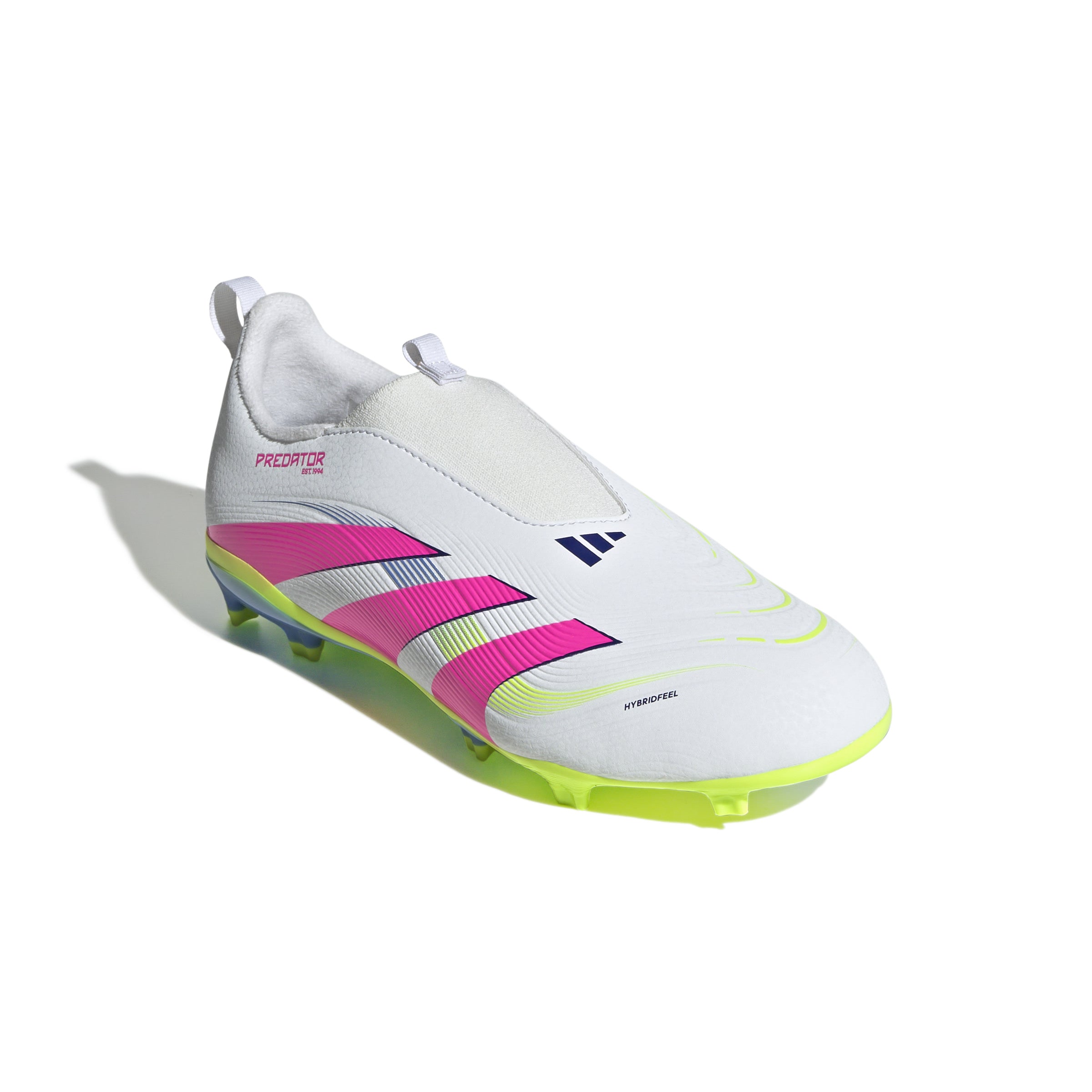 Botas de fútbol adidas Predator League sin cordones para terreno firme y múltiple para niños, color blanco y rosa