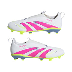 Botas de fútbol adidas Predator League sin cordones para terreno firme y múltiple para niños, color blanco y rosa