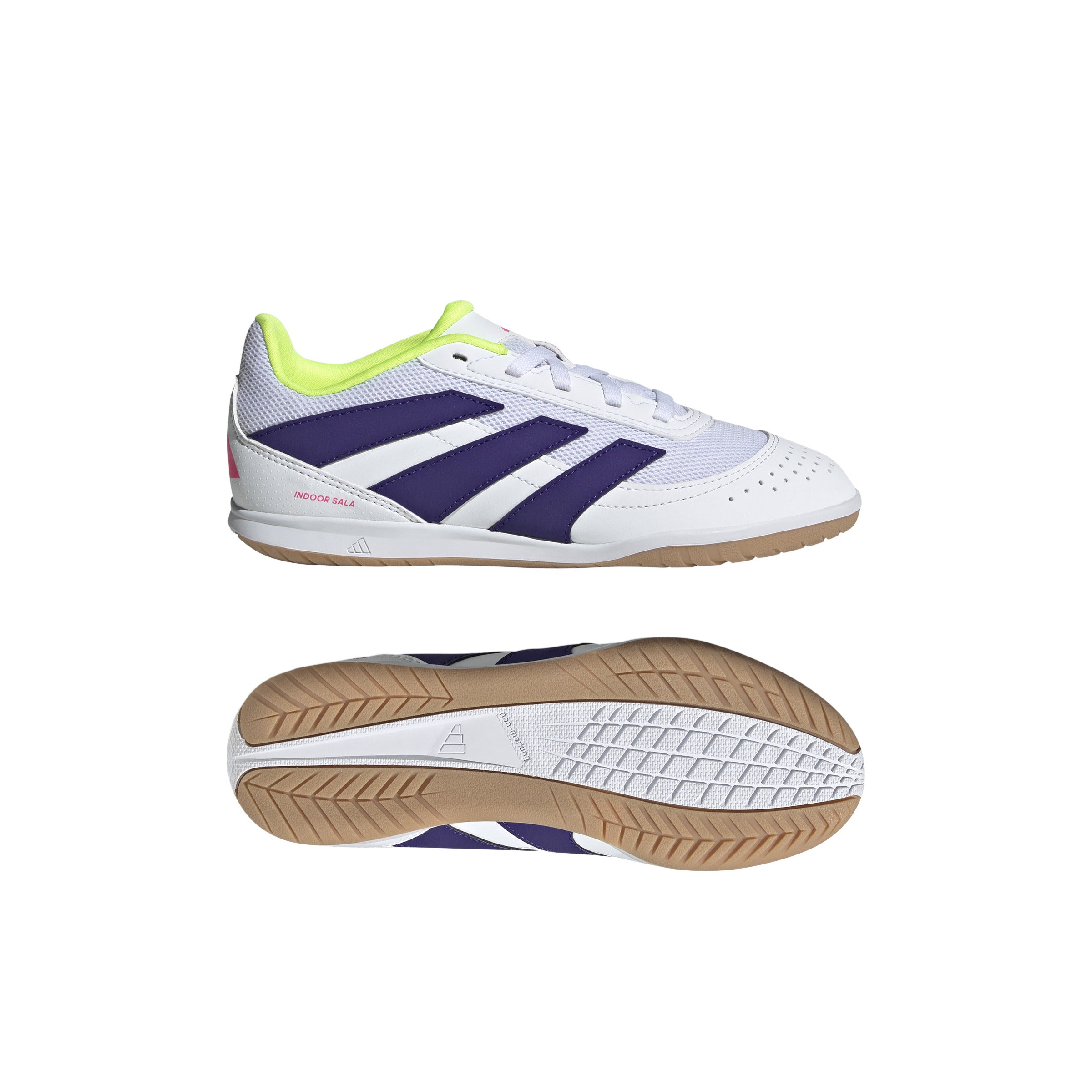 Botas de fútbol sala adidas Predator Club Sala para niños, color blanco y morado