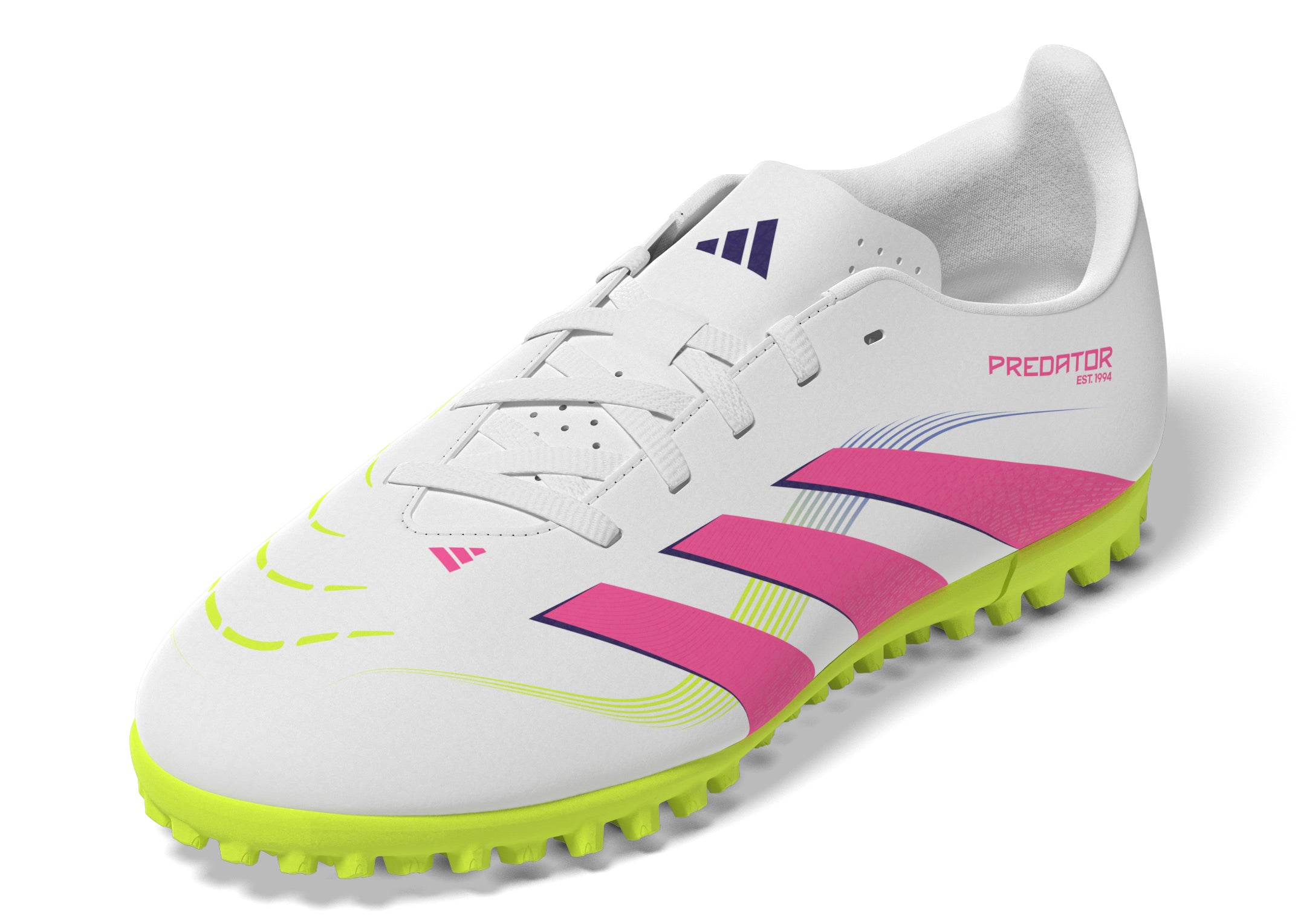 Botas de fútbol adidas Predator Club Turf para niños, color blanco y rosa