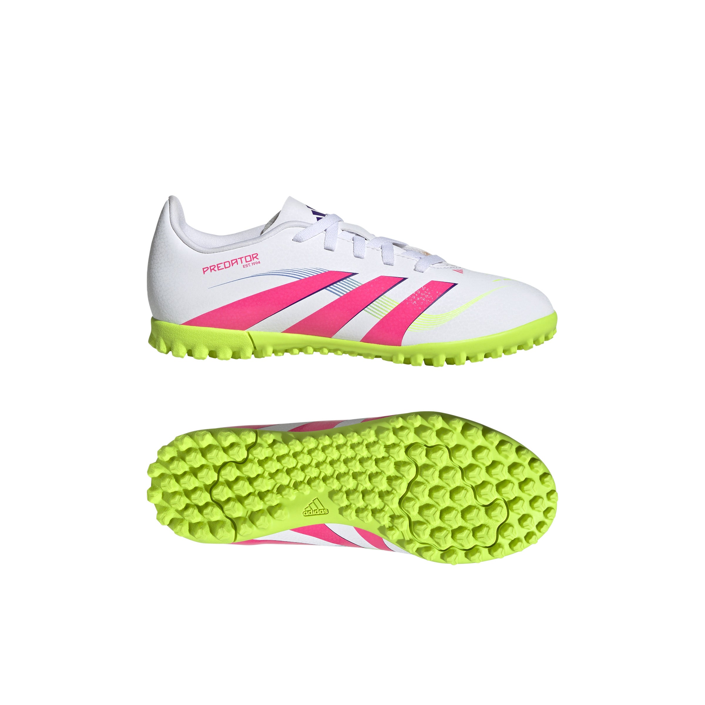 Botas de fútbol adidas Predator Club Turf para niños, color blanco y rosa