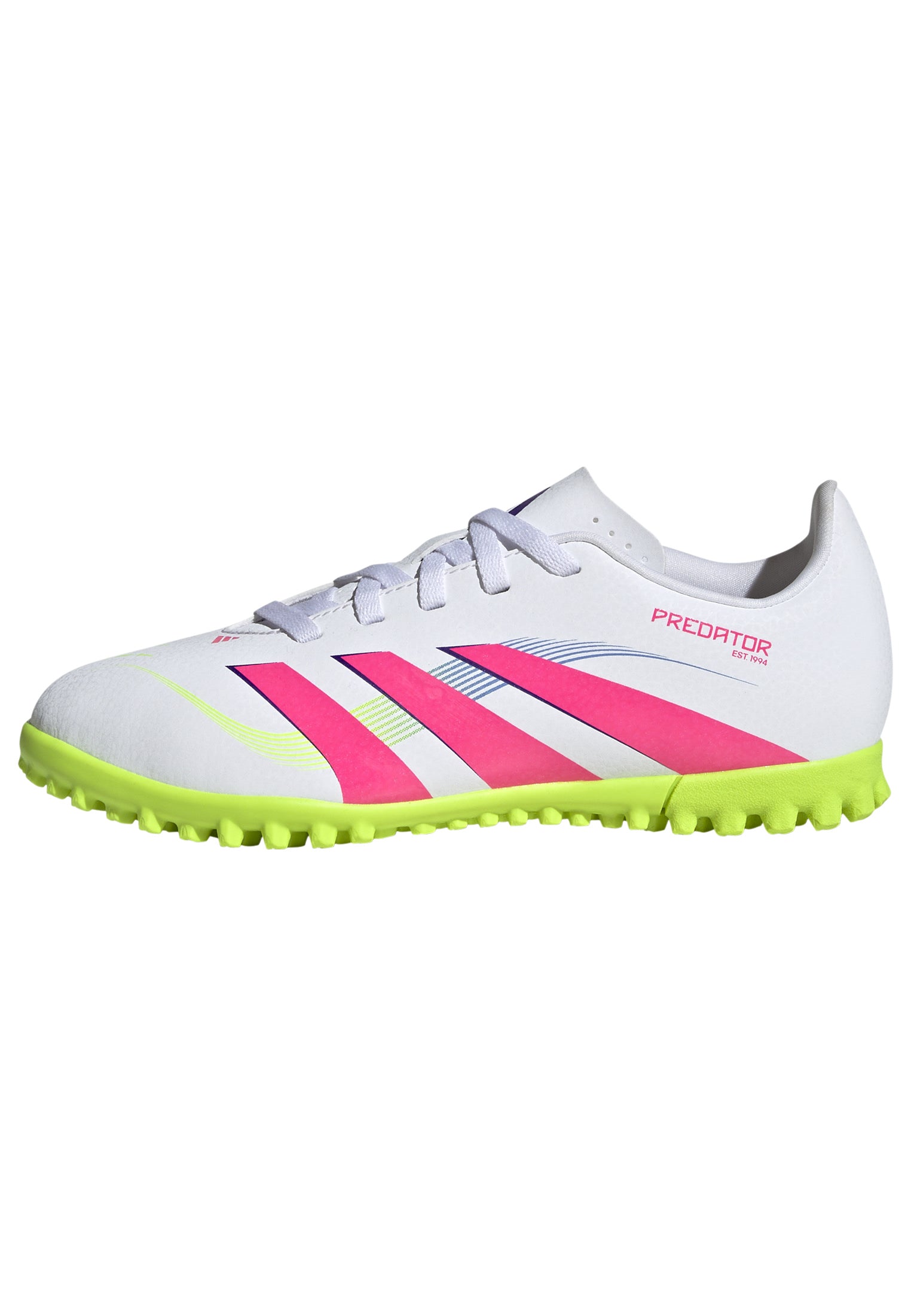 Botas de fútbol adidas Predator Club Turf para niños, color blanco y rosa