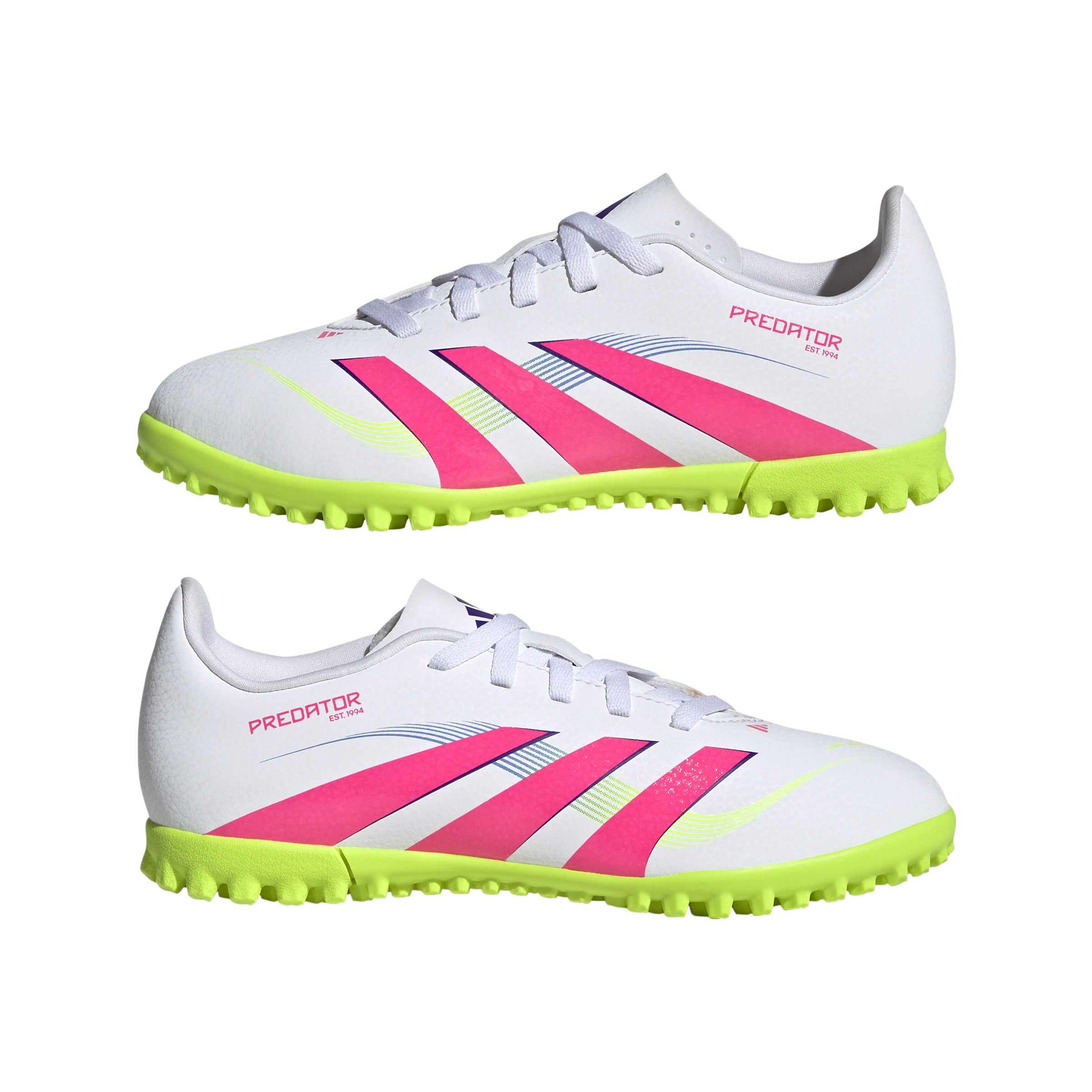Botas de fútbol adidas Predator Club Turf para niños, color blanco y rosa