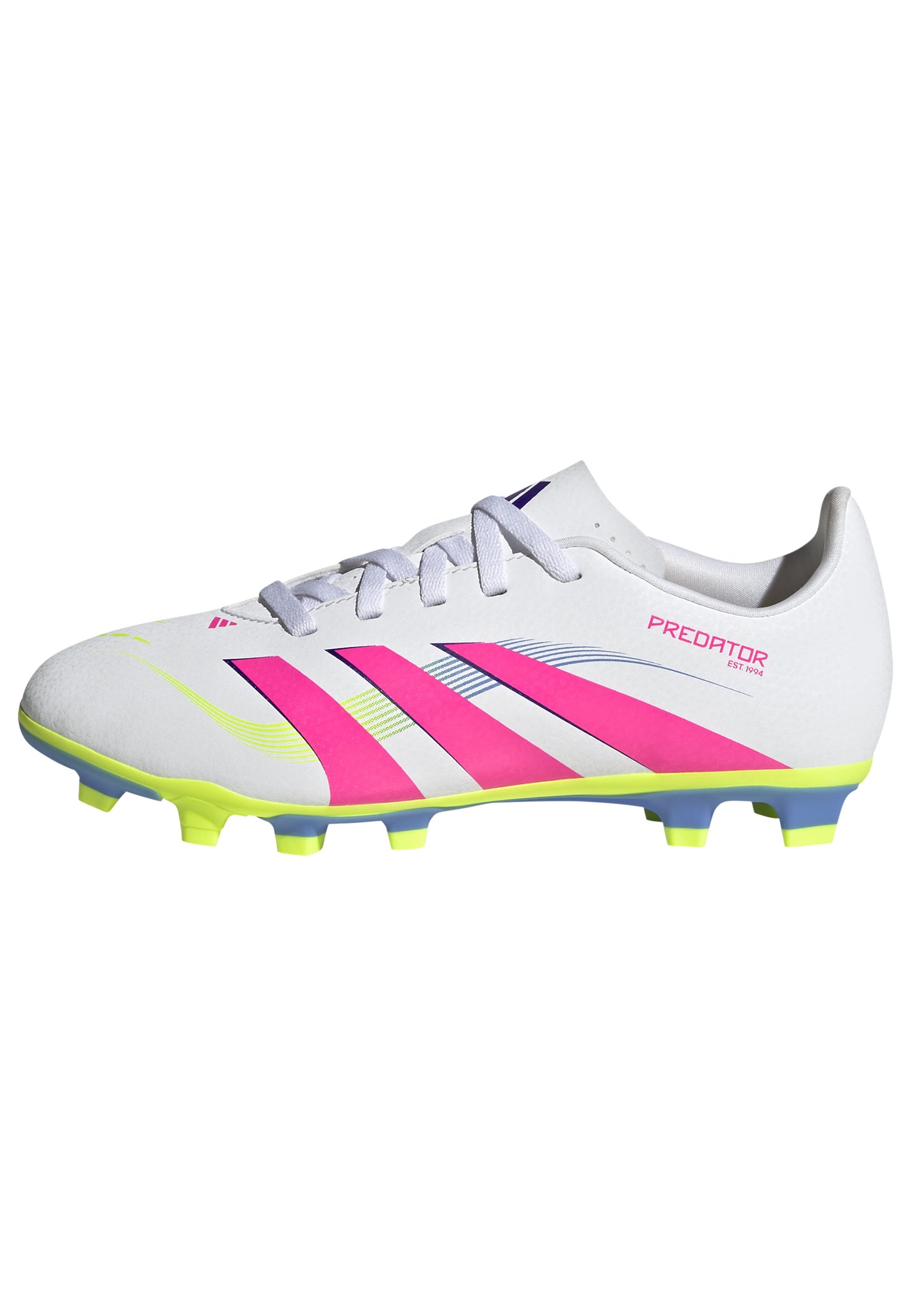 Botas de fútbol para terreno firme y múltiple adidas Predator Club para niños, color blanco y rosa