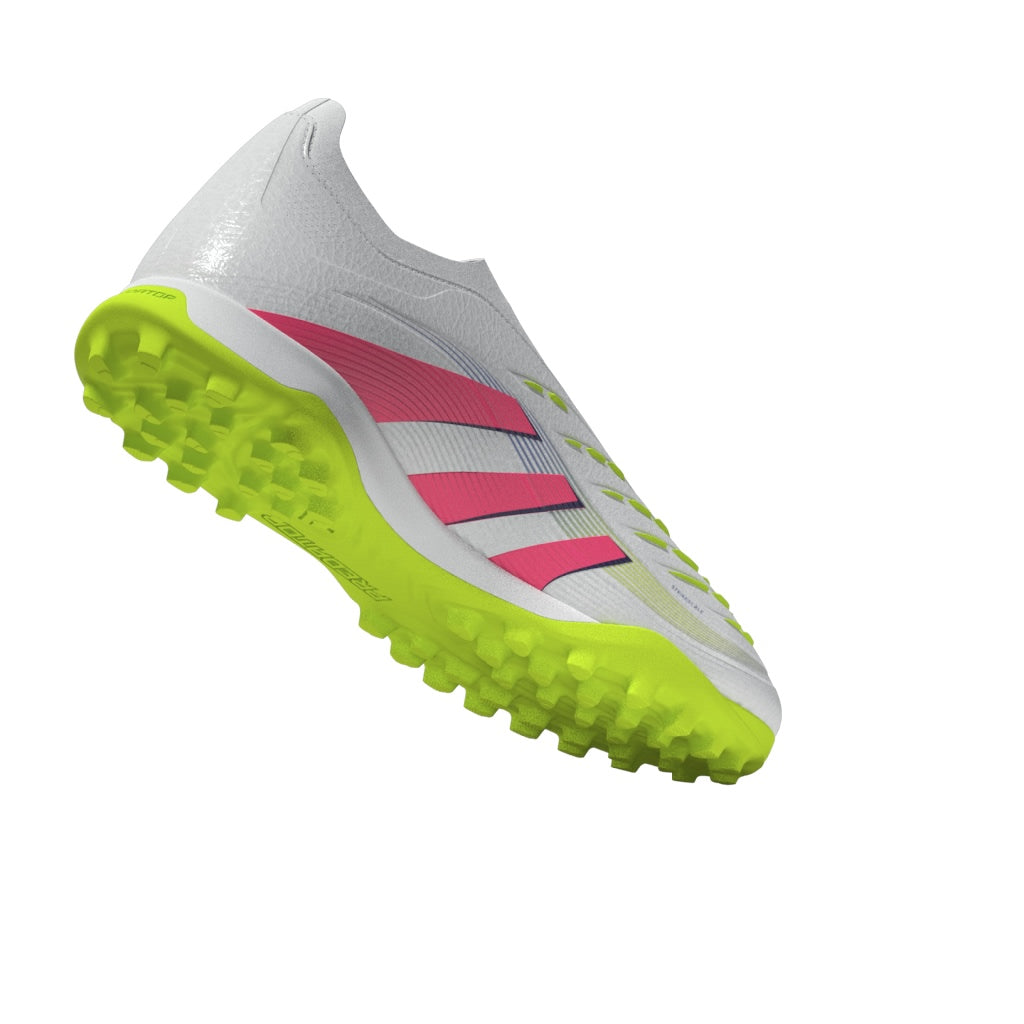 Botas de césped sin cordones adidas Predator League en color blanco y rosa