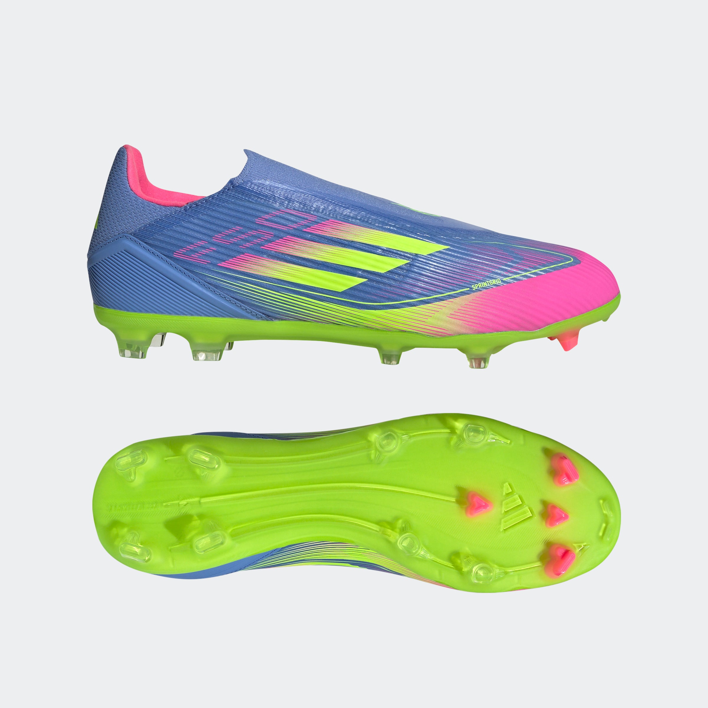 Botas de fútbol adidas F50 League sin cordones para terreno firme y multisuperficie en azul y limón