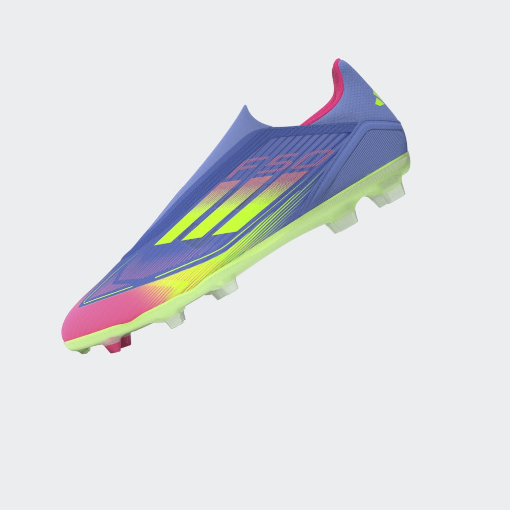 Botas de fútbol adidas F50 League sin cordones para terreno firme y multisuperficie en azul y limón