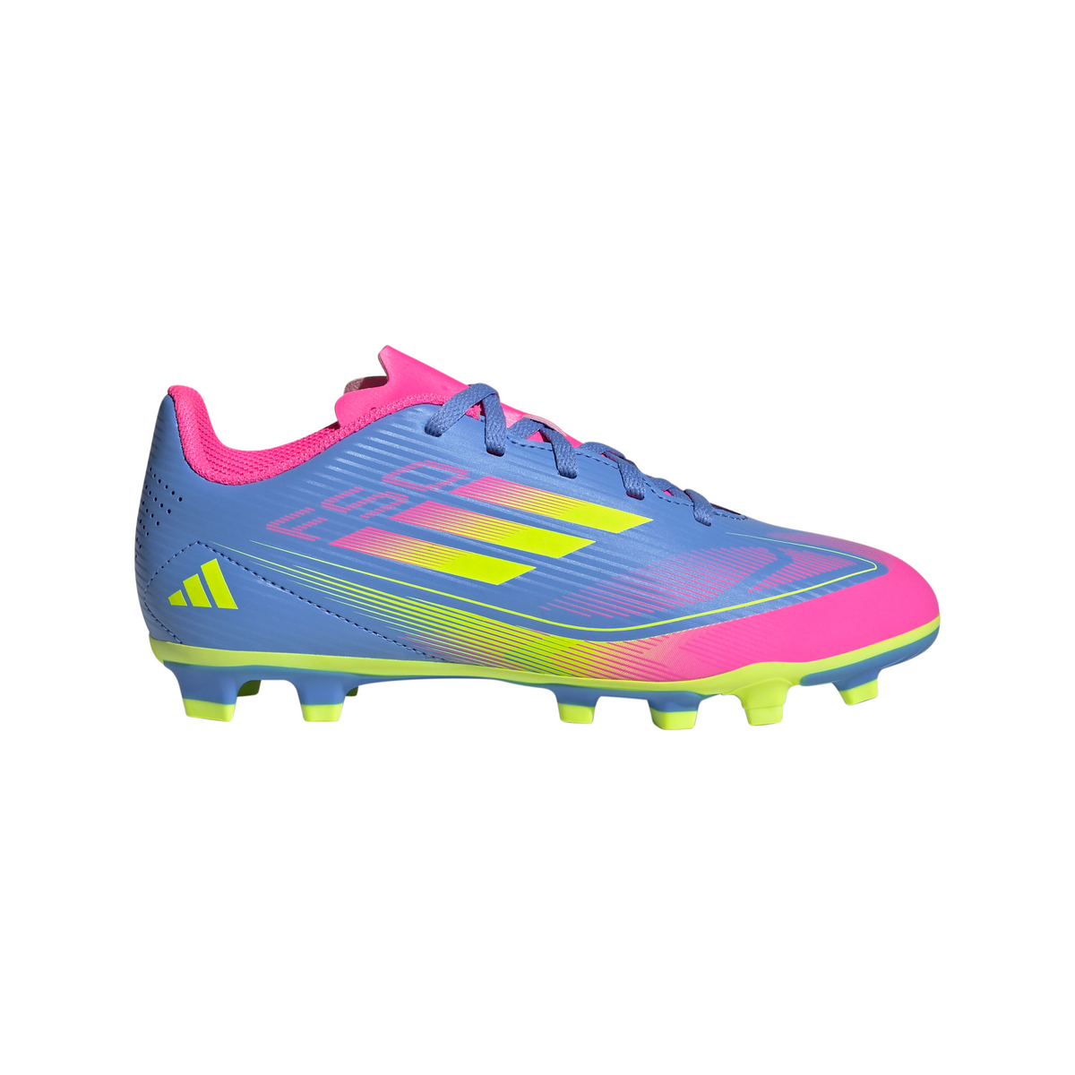 Botas de fútbol para terreno firme y múltiple adidas F50 Club para niños en azul y limón