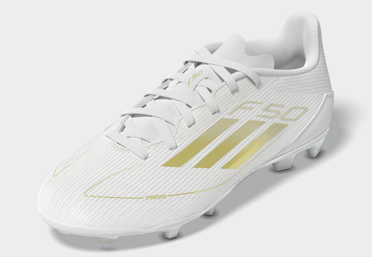 adidas F50 League Firm/Multi-Ground Youth Soccer Cleats - White/Gold Metallic/White