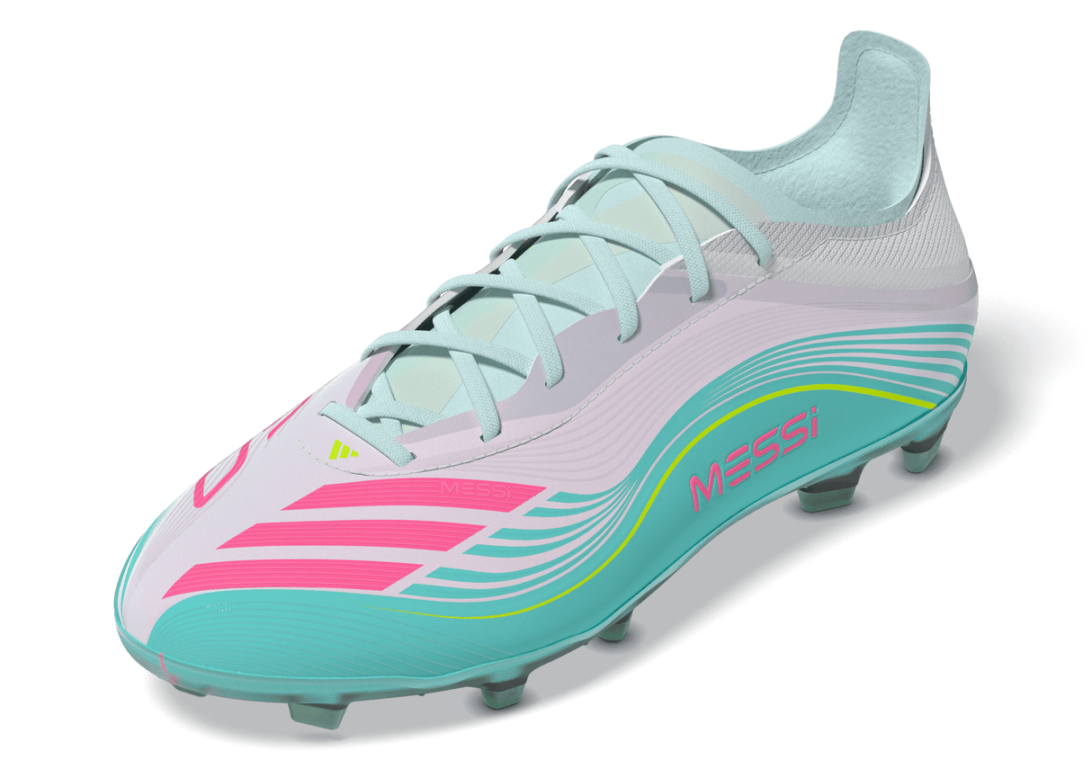 adidas F50 Messi Elite FG Firm Ground Youth Soccer Cleats - White/Pink/Aqua