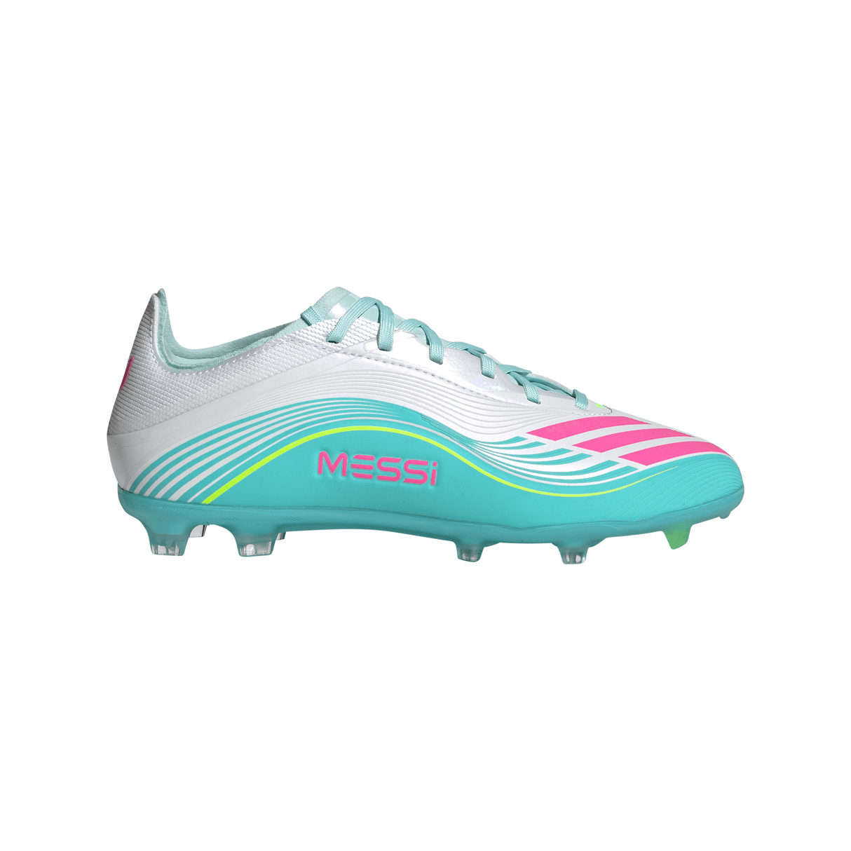 adidas F50 Messi Elite FG Firm Ground Youth Soccer Cleats - White/Pink/Aqua