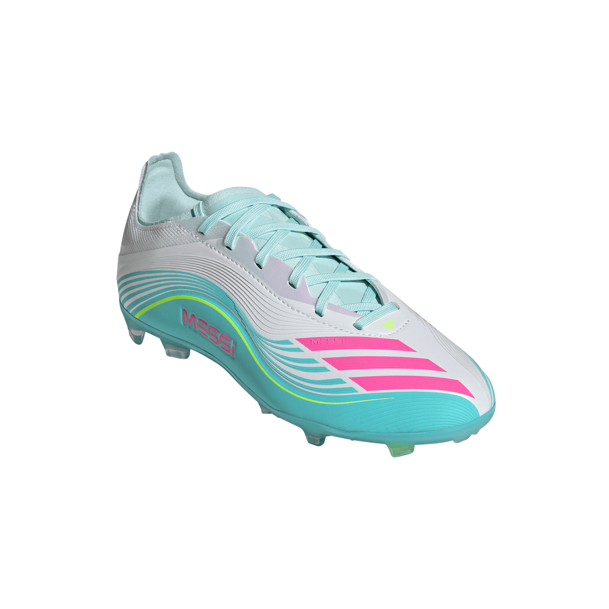 adidas F50 Messi Elite FG Firm Ground Youth Soccer Cleats - White/Pink/Aqua