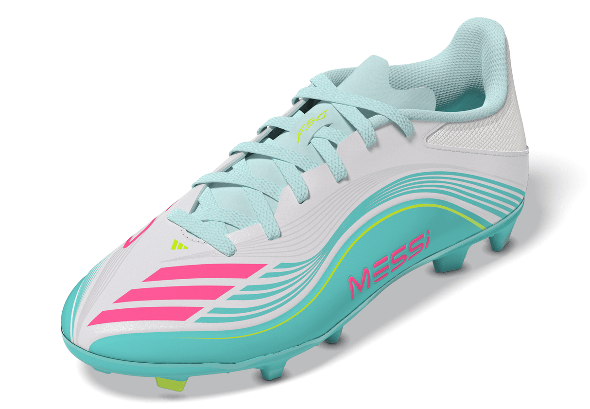 adidas F50 Messi League FG/MG Firm Ground /Multi Ground Youth Soccer Cleats - White/Pink/Aqua