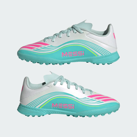 adidas F50 Messi League TF Turf Youth Soccer Cleats - White/Pink/Aqua