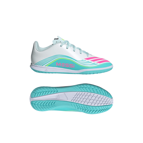 adidas F50 Messi Club IN Indoor Youth Soccer Shoes - White/Pink/Aqua