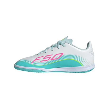 adidas F50 Messi Club IN Indoor Youth Soccer Shoes - White/Pink/Aqua