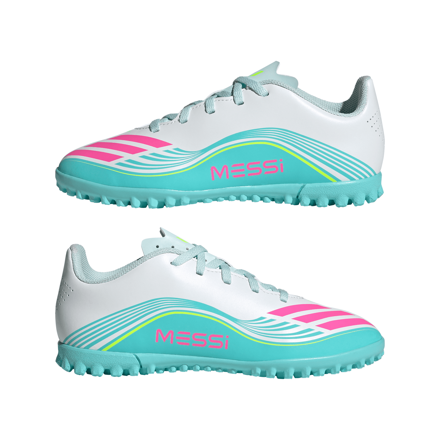 adidas F50 Messi Club TF Turf Youth Soccer Cleats - White/Pink/Aqua