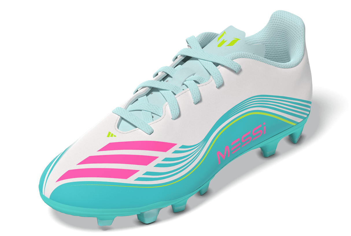 adidas F50 Messi Club Firm Ground/Multi Ground Youth Soccer Cleats - White/Pink/Aqua