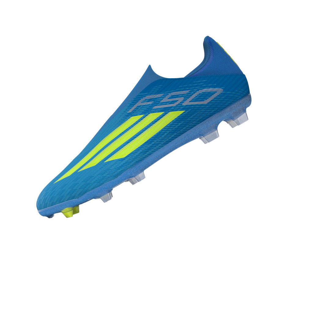 Tacos de fútbol adidas F50 League sin cordones FG/MG para terreno firme/múltiple para hombre - Azul/Amarillo/Aqua