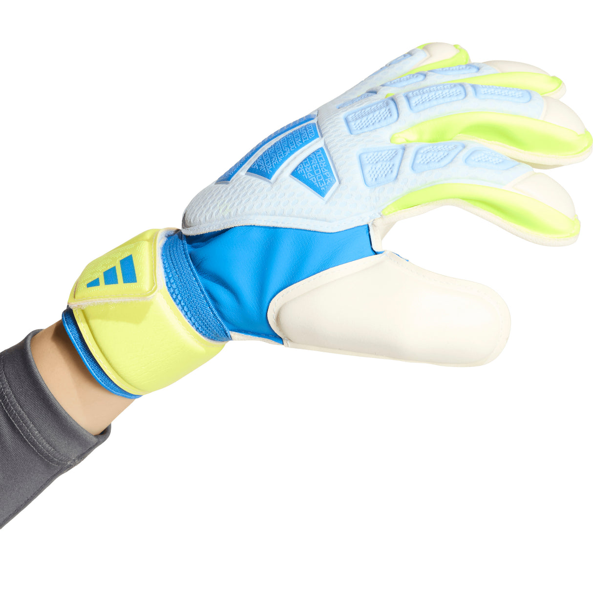 Guantes de portero de fútbol juvenil adidas Predator Match Fingersave - Celeste/Azul/Amarillo