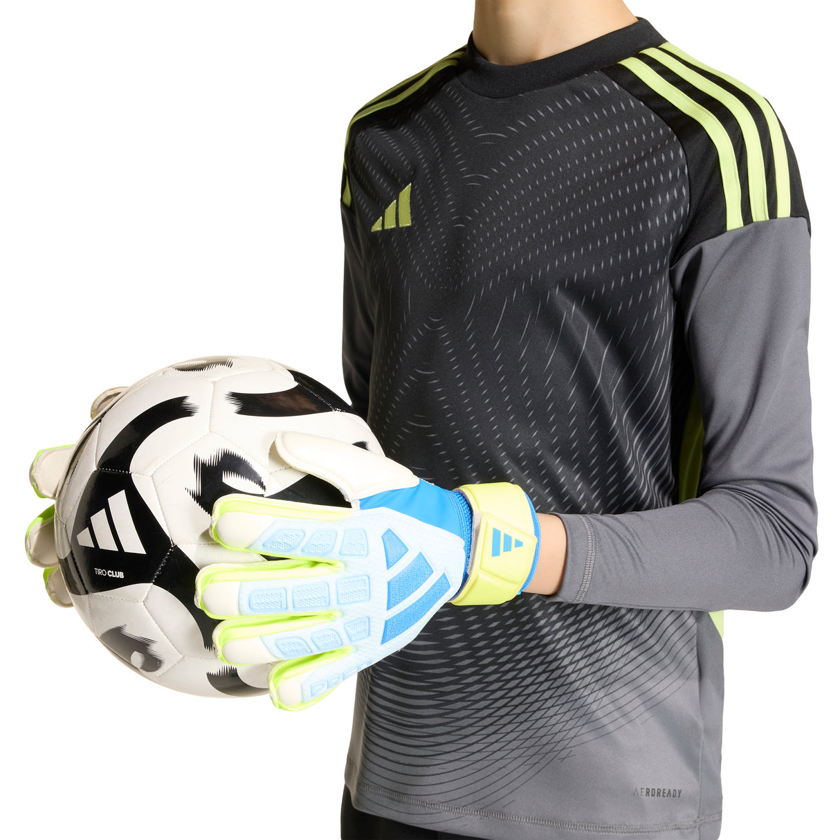 Guantes de portero de fútbol juvenil adidas Predator Match Fingersave - Celeste/Azul/Amarillo