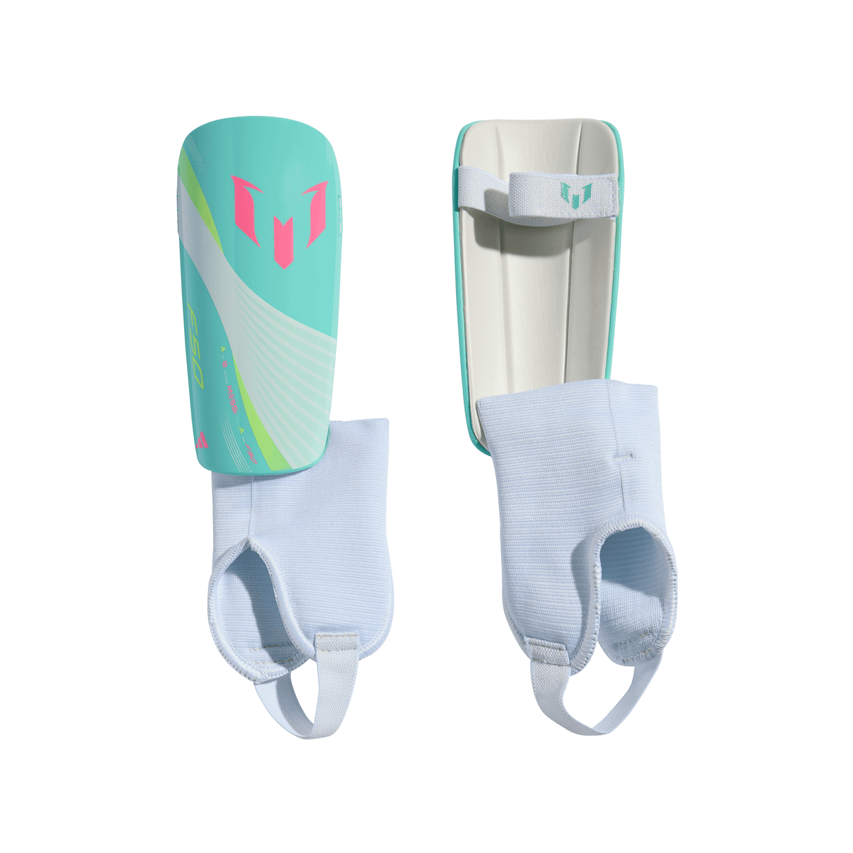 adidas Messi SG Match Youth Soccer Shin Guards - White/Aqua