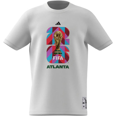 Camiseta de fútbol juvenil adidas Copa Mundial de la FIFA 26 con gráfico de la ciudad anfitriona Atlanta - Blanca