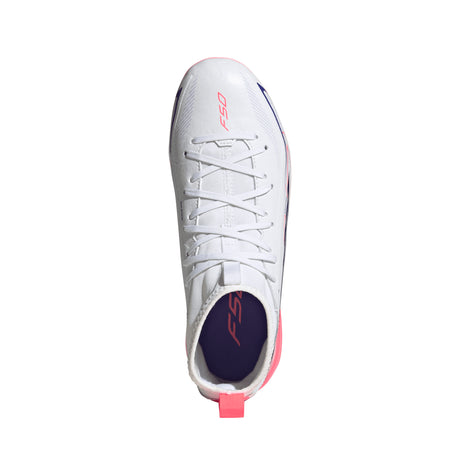 adidas F50 Hyperfast League Mid Firm Ground Youth Soccer Cleats - White/Purple