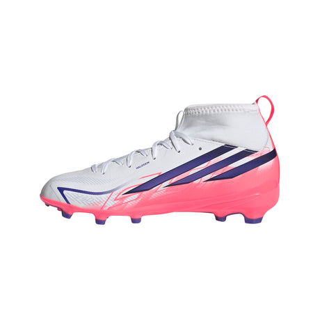 adidas F50 Hyperfast League Mid Firm Ground Youth Soccer Cleats - White/Purple