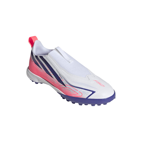 adidas F50 Hyperfast League Laceless Turf Youth Soccer Cleats - White/Purple