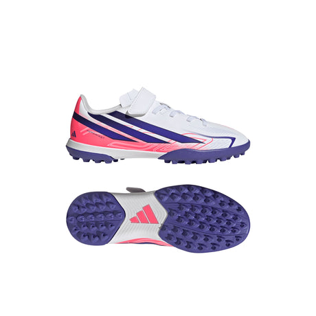 adidas F50 Hyperfast Club Hook & Loop Turf Youth Soccer Cleats - White/Purple