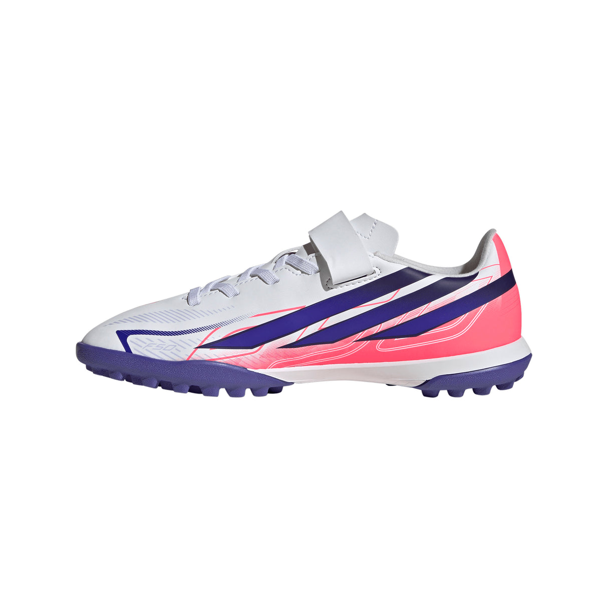 adidas F50 Hyperfast Club Hook & Loop Turf Youth Soccer Cleats - White/Purple