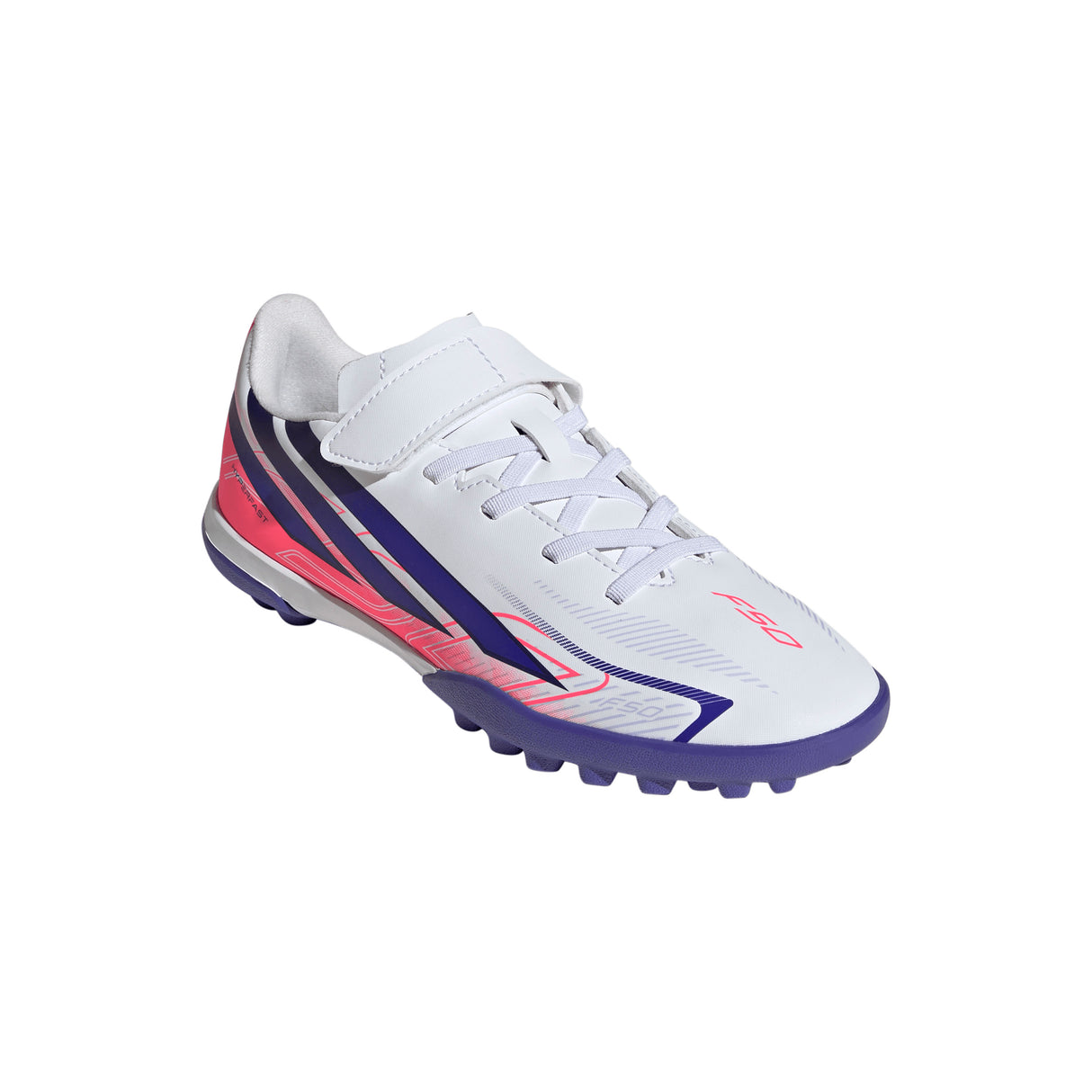adidas F50 Hyperfast Club Hook & Loop Turf Youth Soccer Cleats - White/Purple