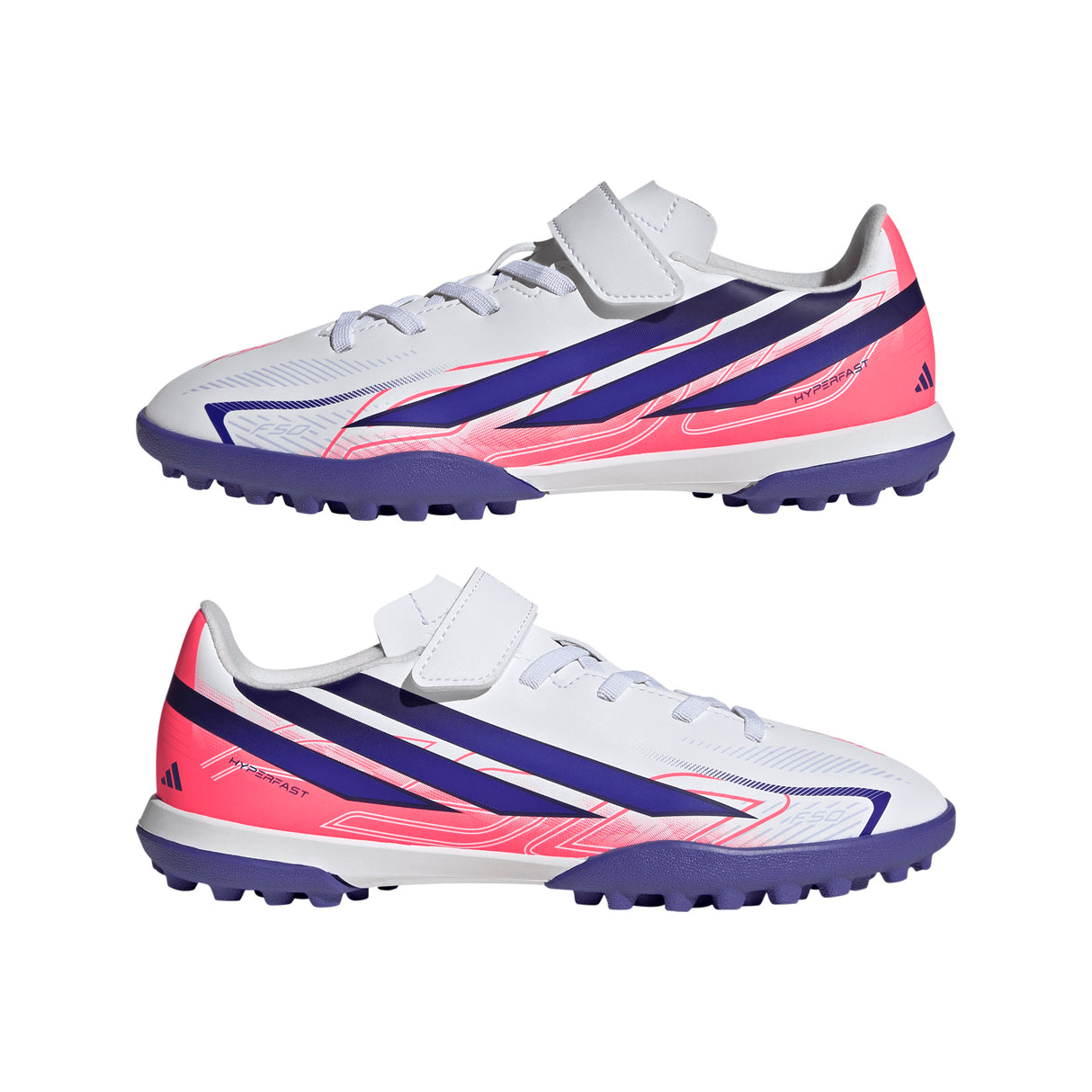 adidas F50 Hyperfast Club Hook & Loop Turf Youth Soccer Cleats - White/Purple