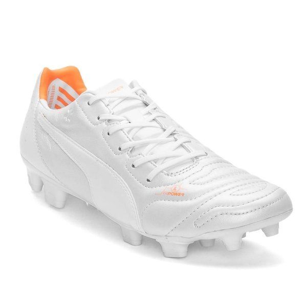 PUMA Evopower 1.2 Leather FG Firm Ground Soccer Cleats - White/Metallic White/Fluo Orange