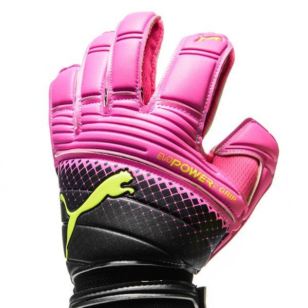 Guantes de portero PUMA Evopower Grip 2.3 RC en color rosa brillante y amarillo de seguridad