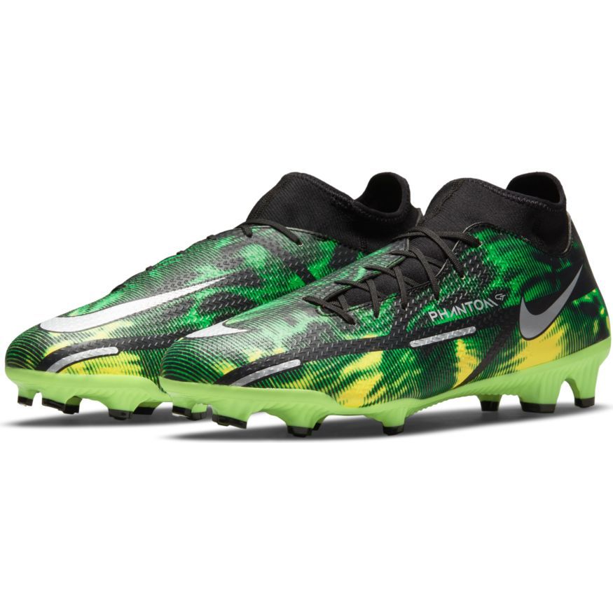 Nike Phantom GT2 Academy DF SW FG/MG Multi-Ground Soccer Cleats - Black/Metallic Platinum-Green Strike