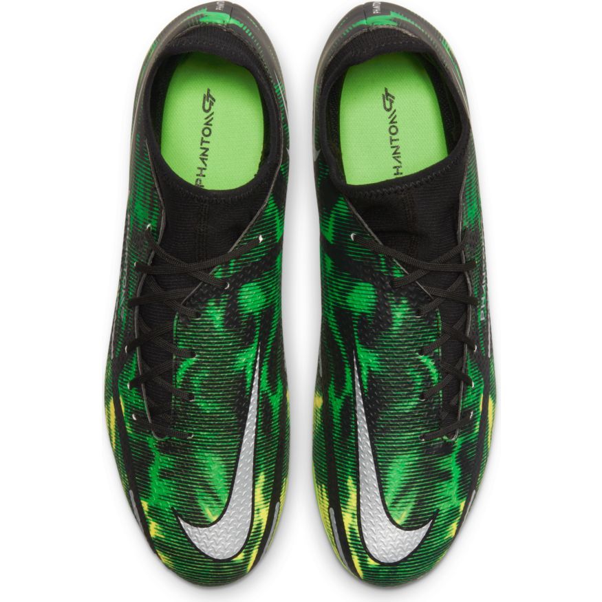 Nike Phantom GT2 Academy DF SW FG/MG Multi-Ground Soccer Cleats - Black/Metallic Platinum-Green Strike