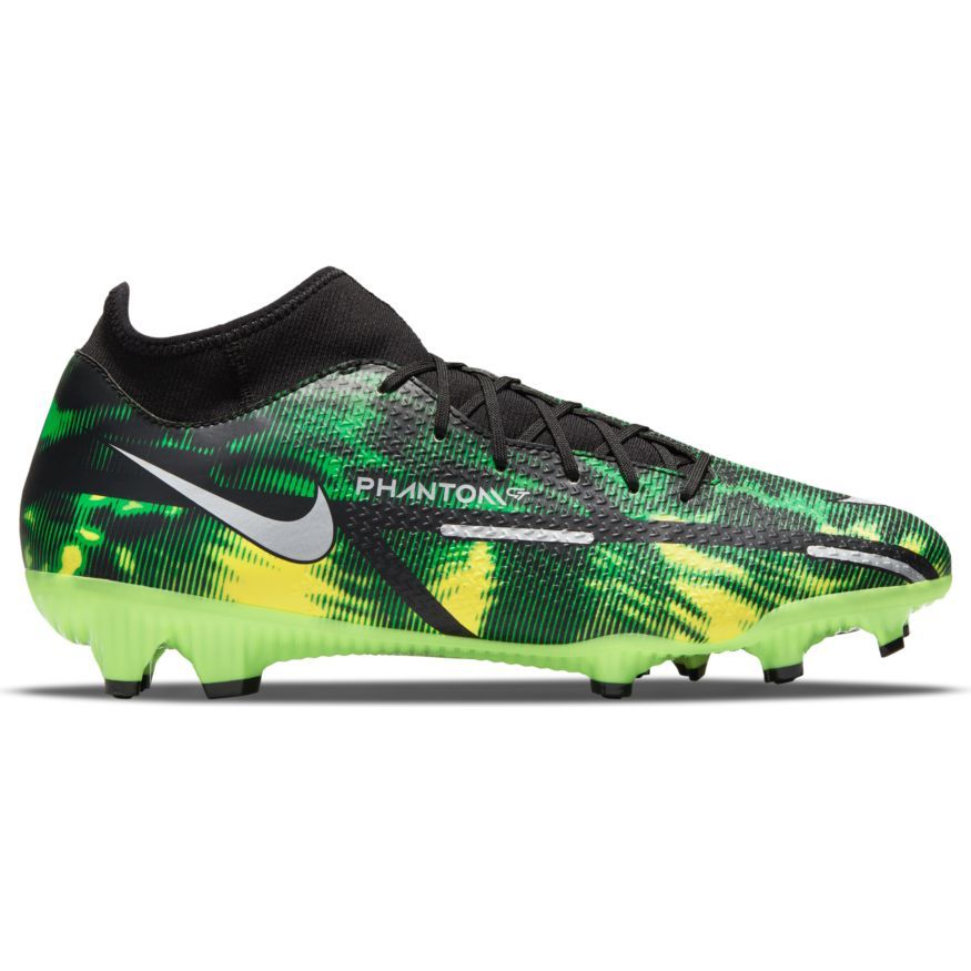 Nike Phantom GT2 Academy DF SW FG/MG Multi-Ground Soccer Cleats - Black/Metallic Platinum-Green Strike