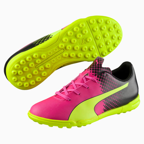 PUMA Evopower 4.3 Tricks TT JR Botas de Fútbol para Césped Artificial - Rosa Fluorescente/Amarillo Seguridad