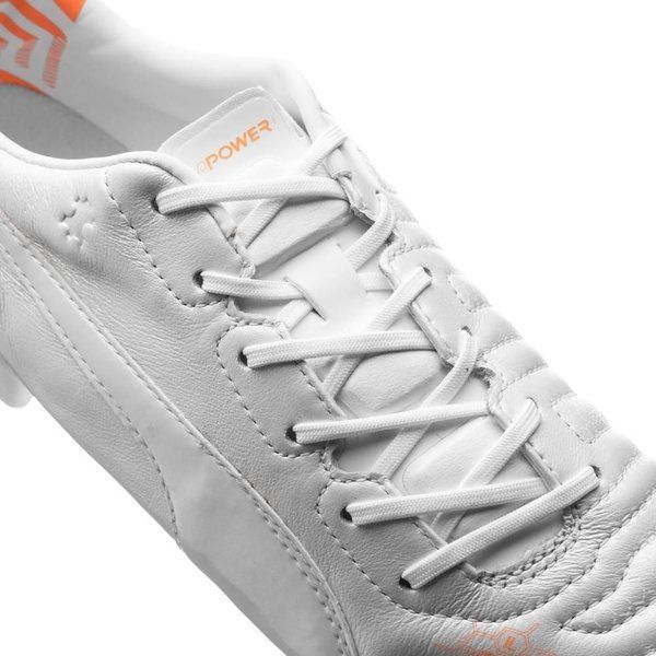 PUMA Evopower 1.2 Leather FG Firm Ground Soccer Cleats - White/Metallic White/Fluo Orange