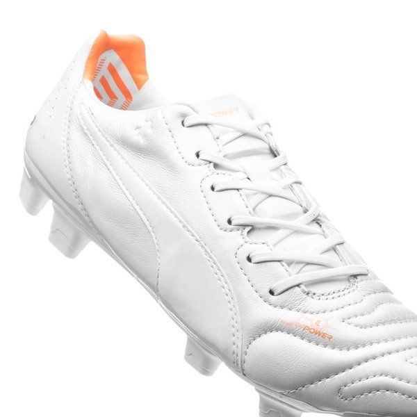PUMA Evopower 1.2 Leather FG Firm Ground Soccer Cleats - White/Metallic White/Fluo Orange