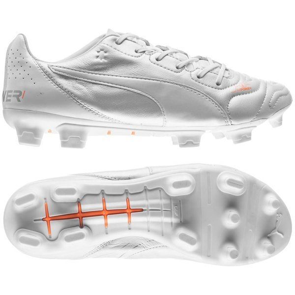 PUMA Evopower 1.2 Leather FG Firm Ground Soccer Cleats - White/Metallic White/Fluo Orange - Best Buy Soccer