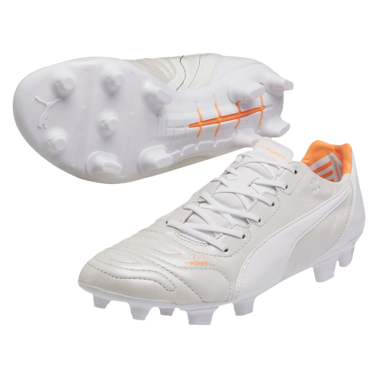 PUMA Evopower 1.2 Leather FG Firm Ground Soccer Cleats - White/Metallic White/Fluo Orange - Best Buy Soccer