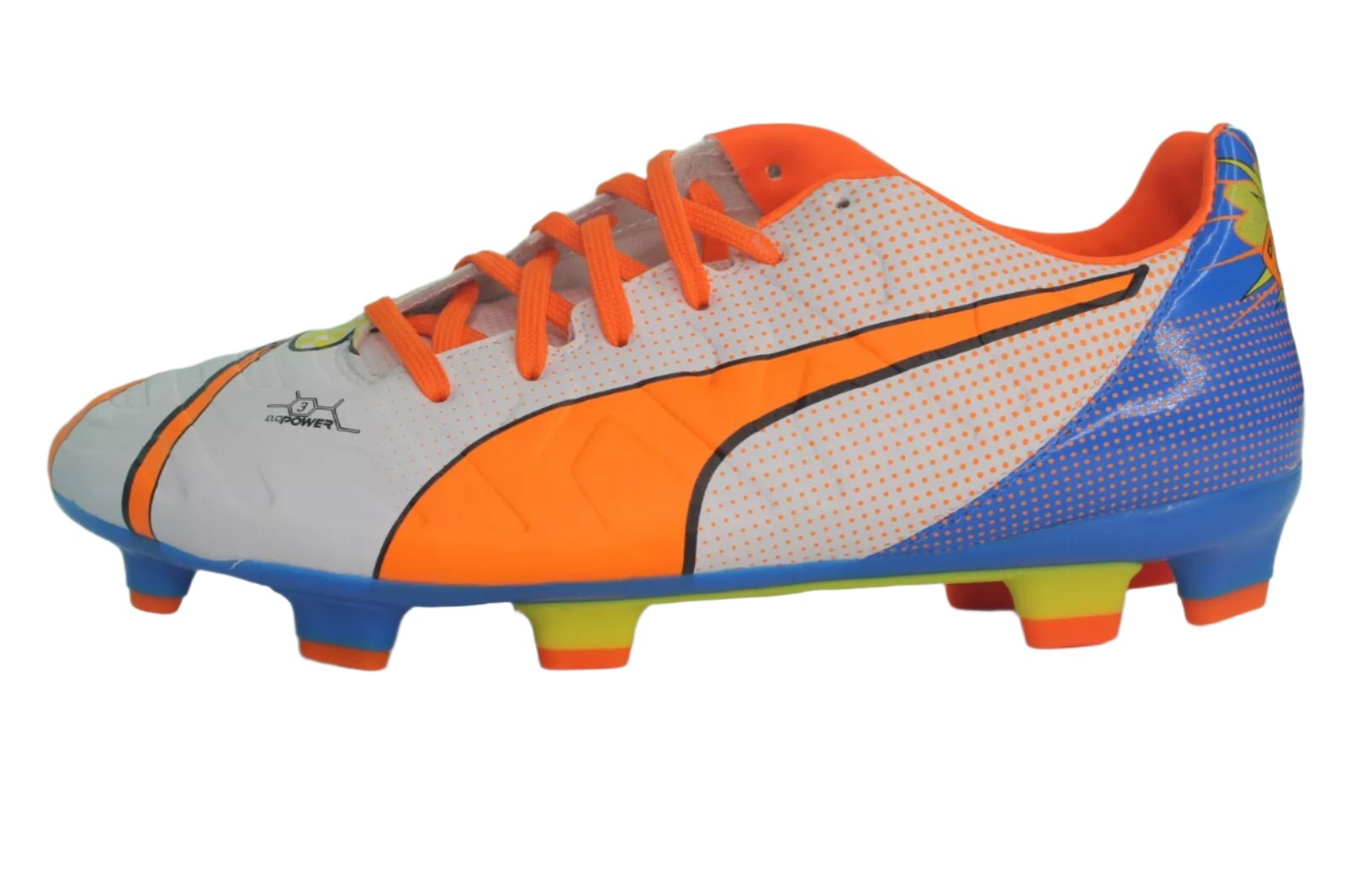 PUMA EvoPOWER Pop FG Jr Firm Ground Soccer Cleats White/Orange/Blue White/Orange