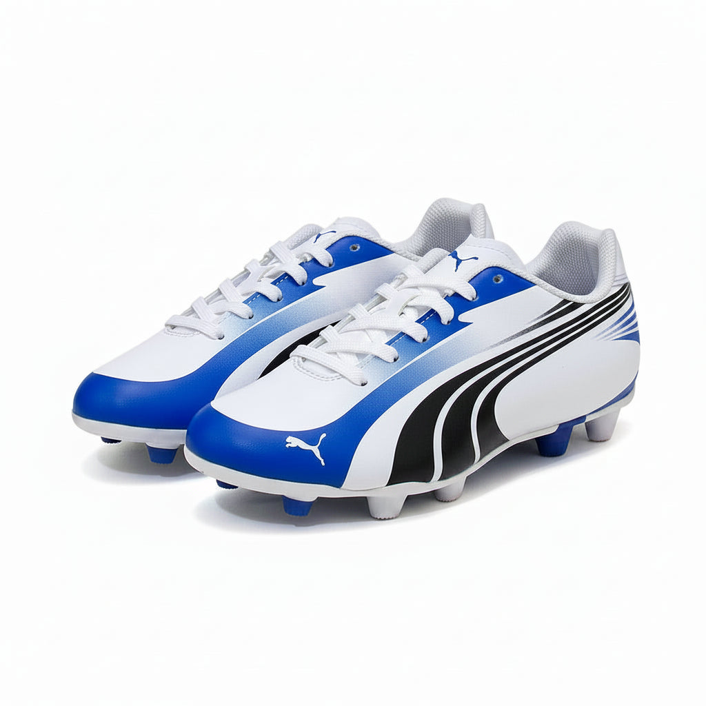 PUMA Excitemo r HG Youth Soccer Cleats - White/Black/Royal